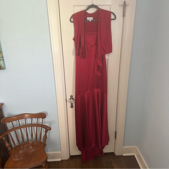 Badgley Mischka Dress Crimson Red Maxi Silk Formal High Low Prom Size 2 - Picture 5 of 16